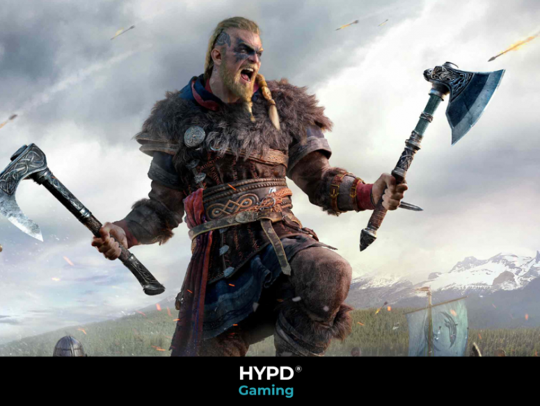Viking Assassin standing on a rock holding two axes
