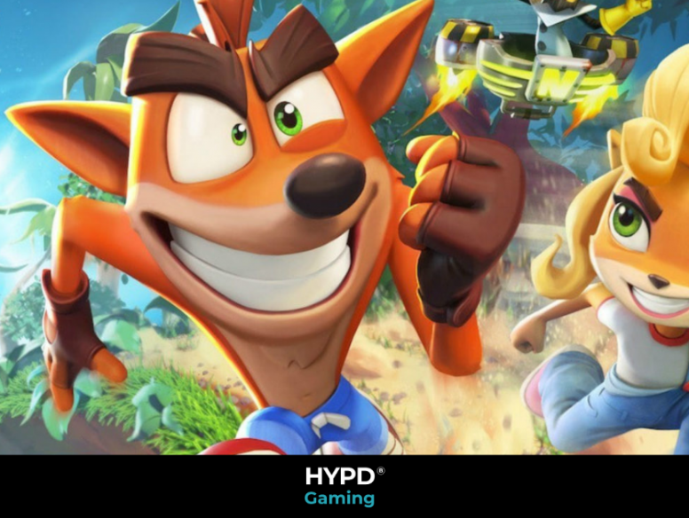 Crash and Coco running on ground which has come out of a phone in the background