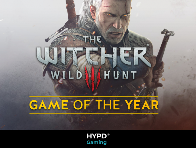 Geralt, the witcher drawing his sword with text infront and HYPD gaming branding aross the bottom